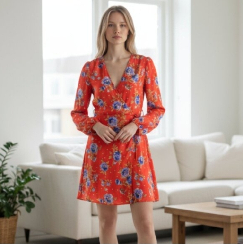 NWT Zara Dress Womens Small Red Floral Polka Dot Wrap Mini Long Sleeve Tie Waist